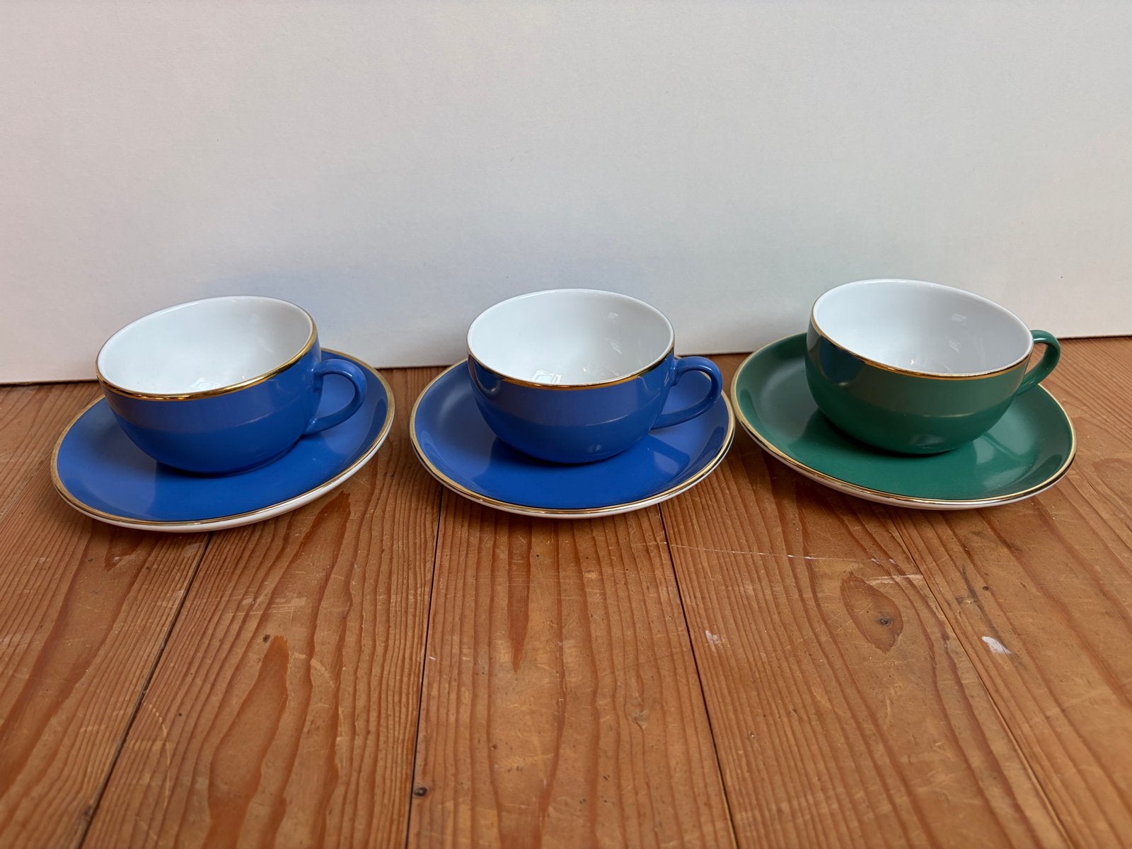 3 Vintage Mitterteich Bavaria kop & schotel groen/blauw, Overige merken, Vintage, Ophalen of Verzenden, Zo goed als nieuw