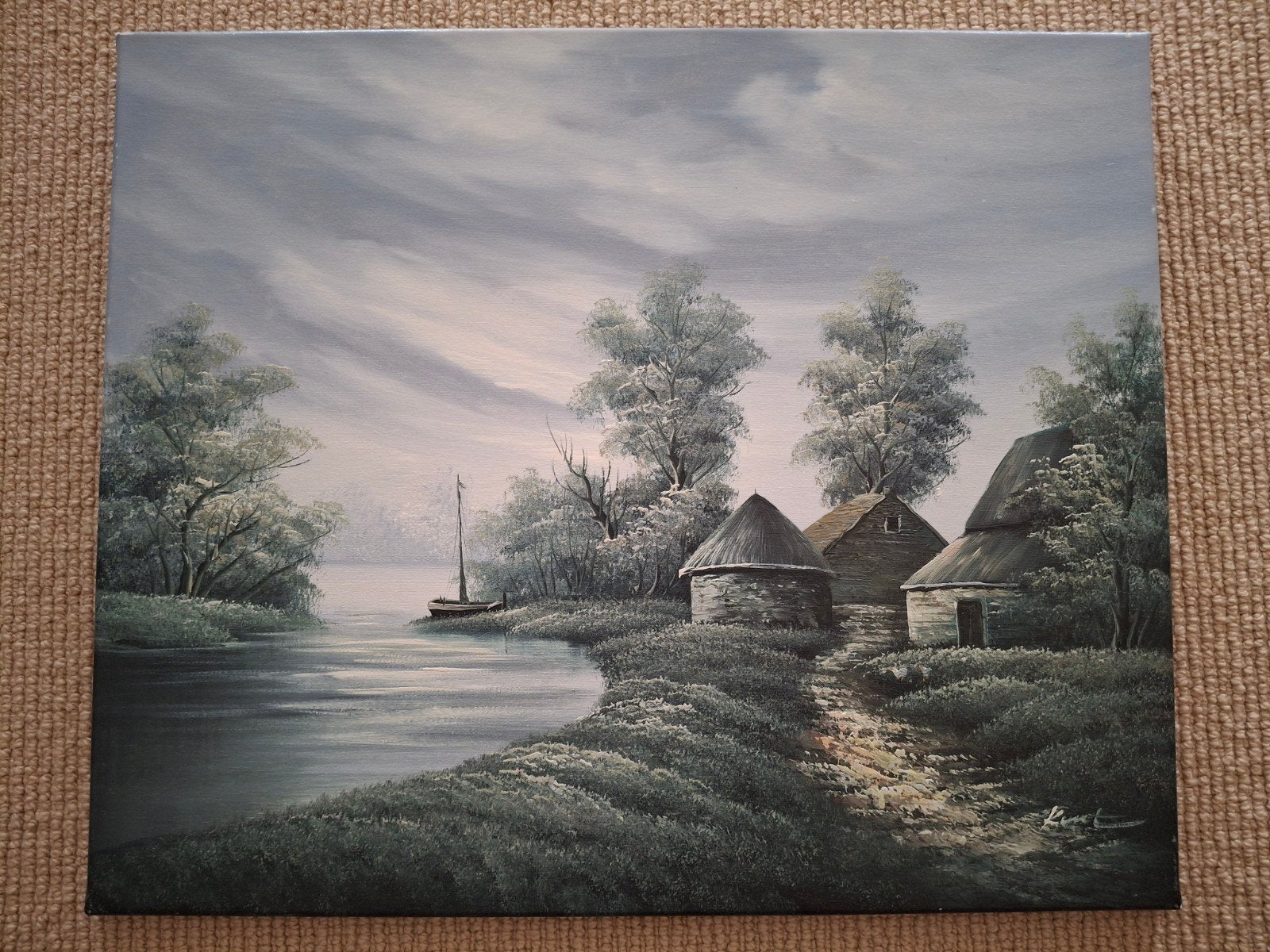 Schilderij: Landelijk tafereel met huisjes en water, Ophalen