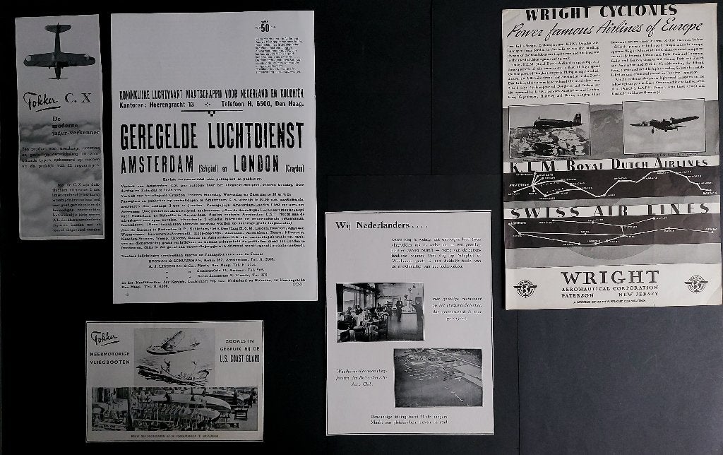 5 Fokker en KLM advertenties uit de jaren 30 en 60 (K694), Ophalen of Verzenden, Gebruikt, Boek of Tijdschrift