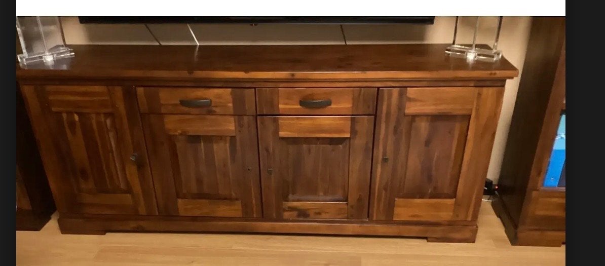 Massief houten kasten en cognac bruine stoelen van de Bommel, Huis en Inrichting, Gebruikt, Bruin, Ophalen of Verzenden, Vier