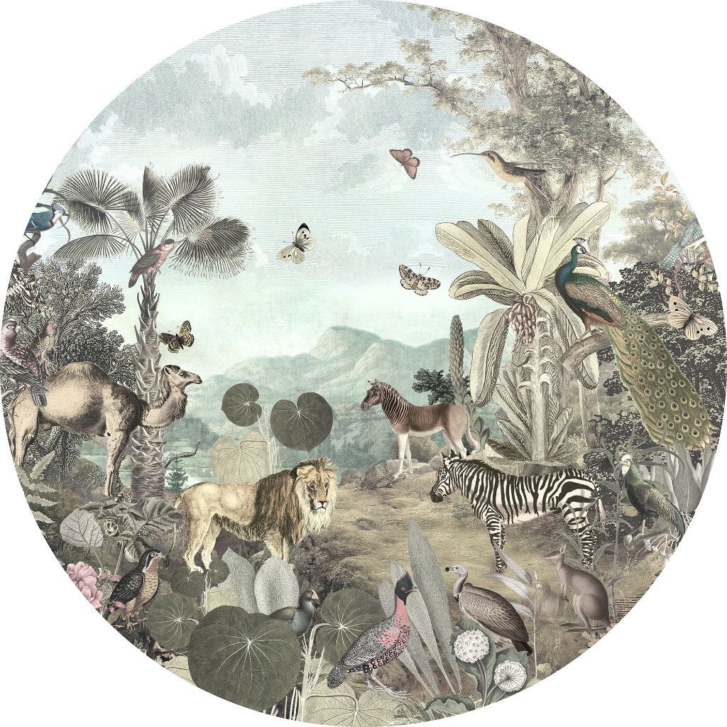 Behangcirkel Utopia dieren, Jungledieren behang, Zelfklevend, Verzenden, Nieuw, Wandcirkel