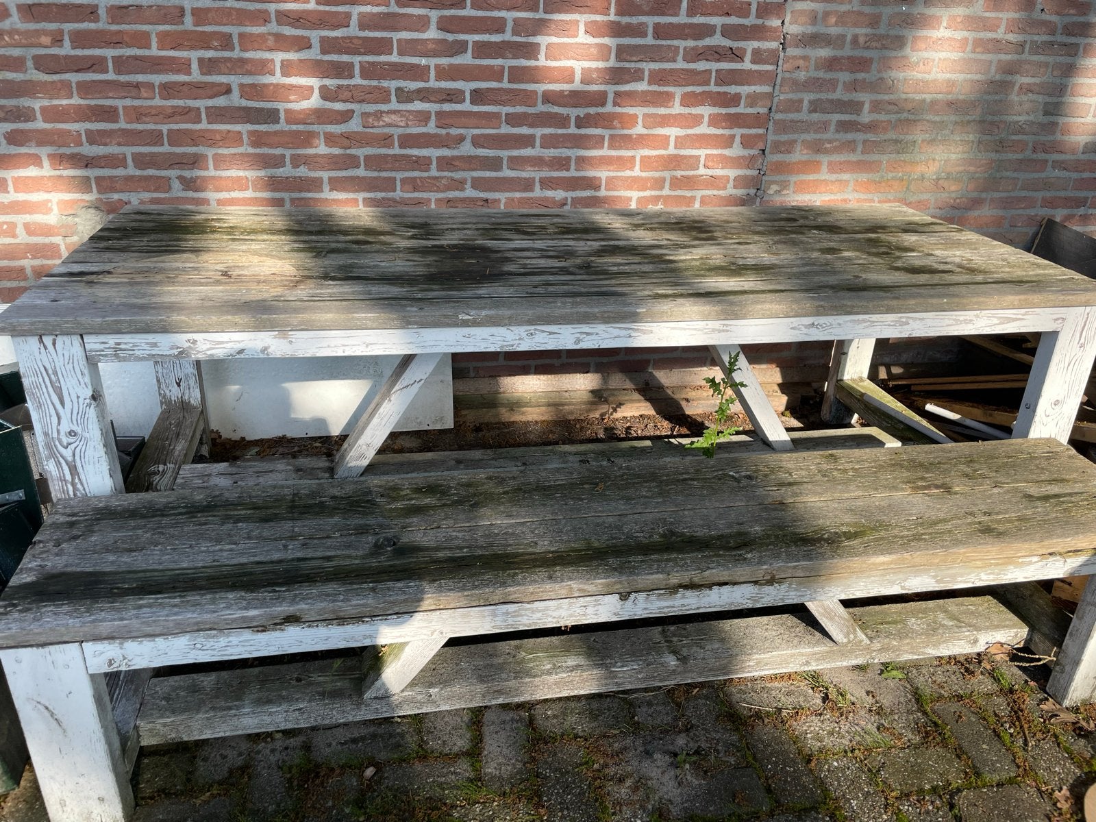 Gratis af te halen: Steigerhouten tafel + bank (opknapper), Tuin en Terras, Tuinsets en Loungesets, Ophalen, Gebruikt, Hout