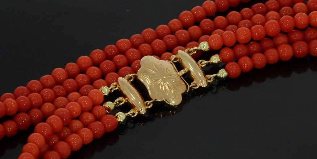 Bloedkoraal antieke ketting fraai 14k slot goud dames retro, Verzenden, Goud, Ketting, Met edelsteen