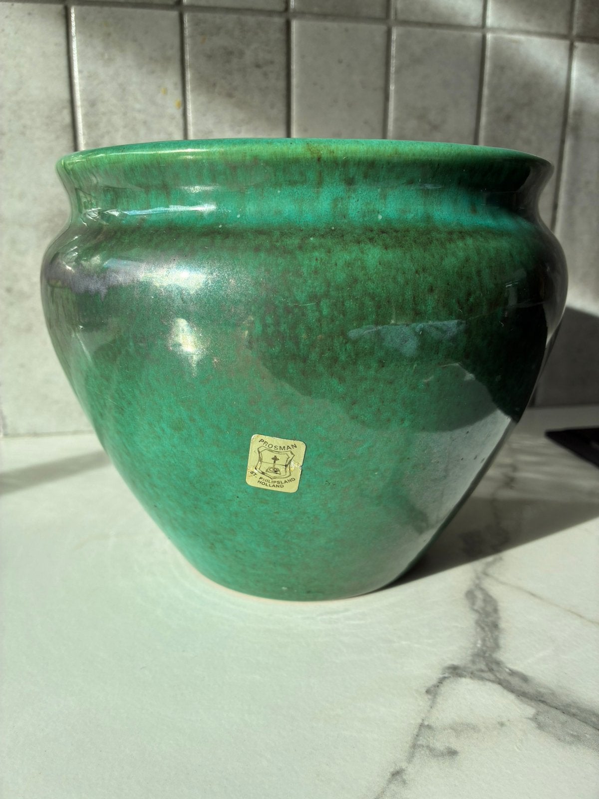 Retro groene Prosman bloempot, Tuin en Terras, Bloempotten, Rond, Ophalen of Verzenden, Zo goed als nieuw, Aardewerk
