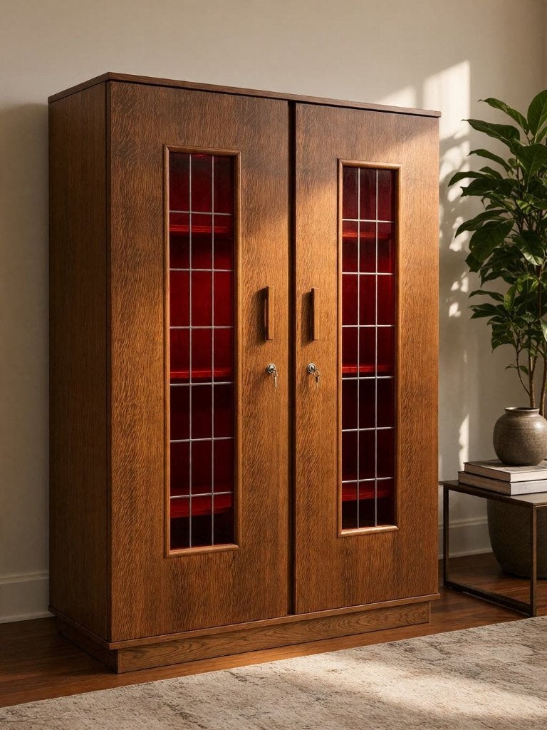 Vintage houten Boekenkast / Vitrinekast met bordeaux glas, Ophalen, Gebruikt, Minder dan 75 cm, 105 cm of meer