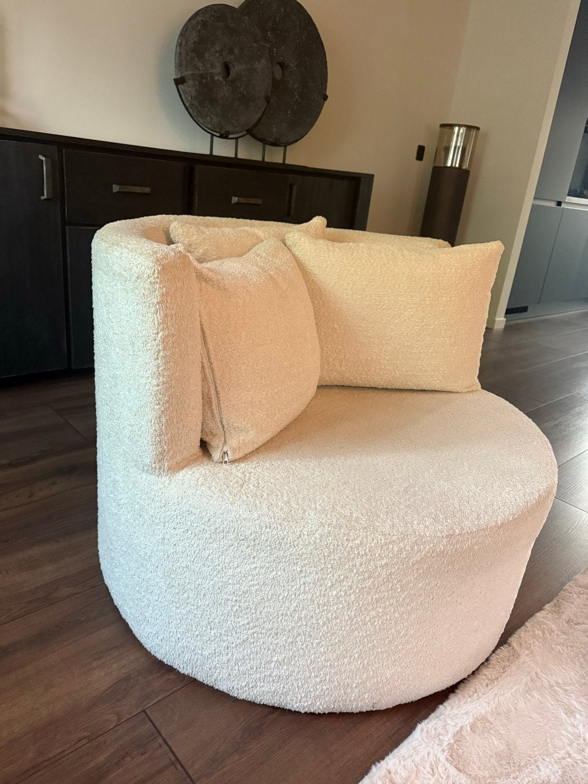 Ronde Beige Fauteuil met 3 Kussens, Huis en Inrichting, Ophalen, Zo goed als nieuw, Stof, 75 tot 100 cm