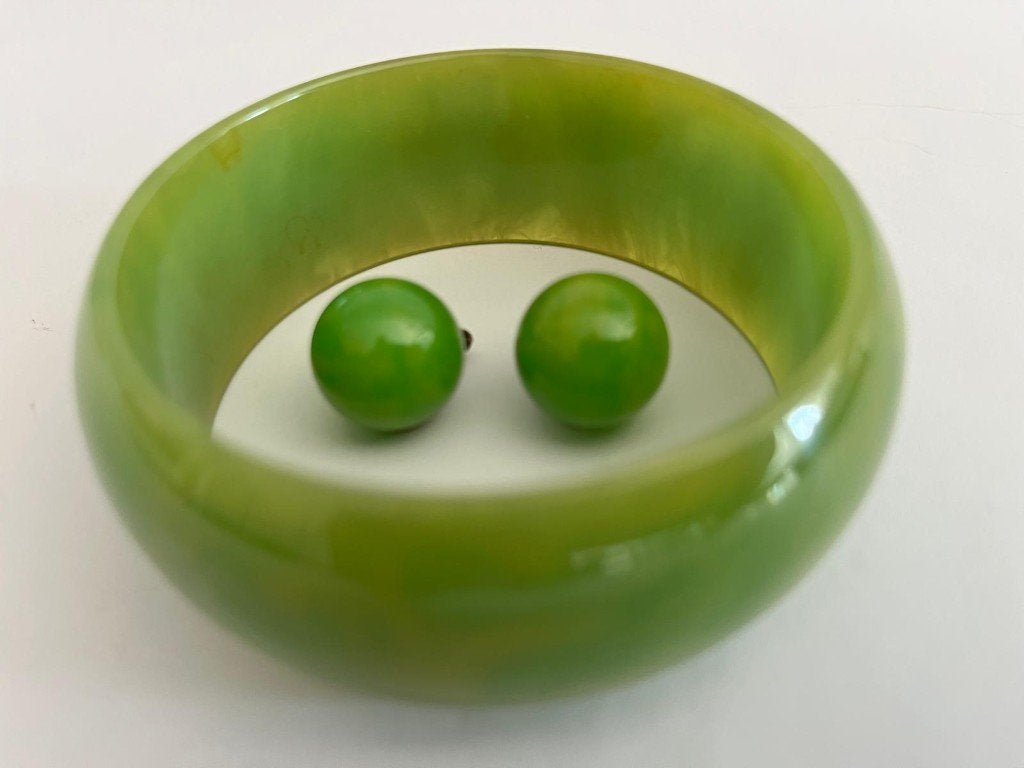 Groen Bakeliet - Catalin Armband met bijpassende Oorbellen, Verzenden, Overige materialen, Armband