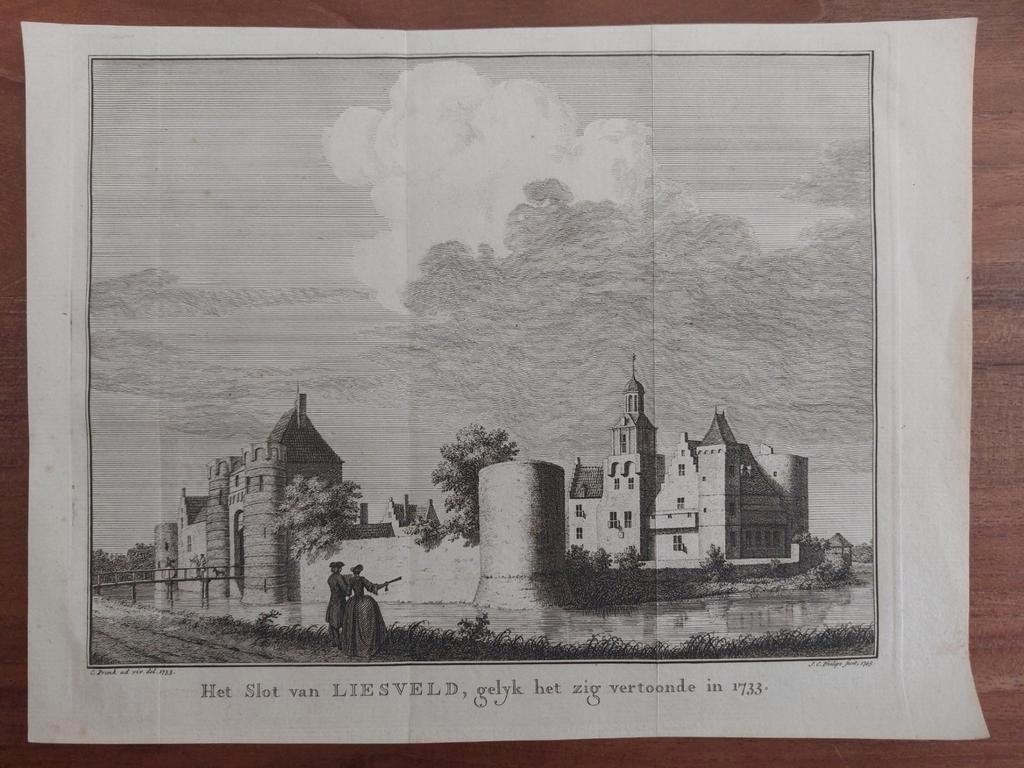 3 Het slot Liesveld bij Groot Ammers - Orginele gravure 1749, Antiek en Kunst, Ophalen of Verzenden