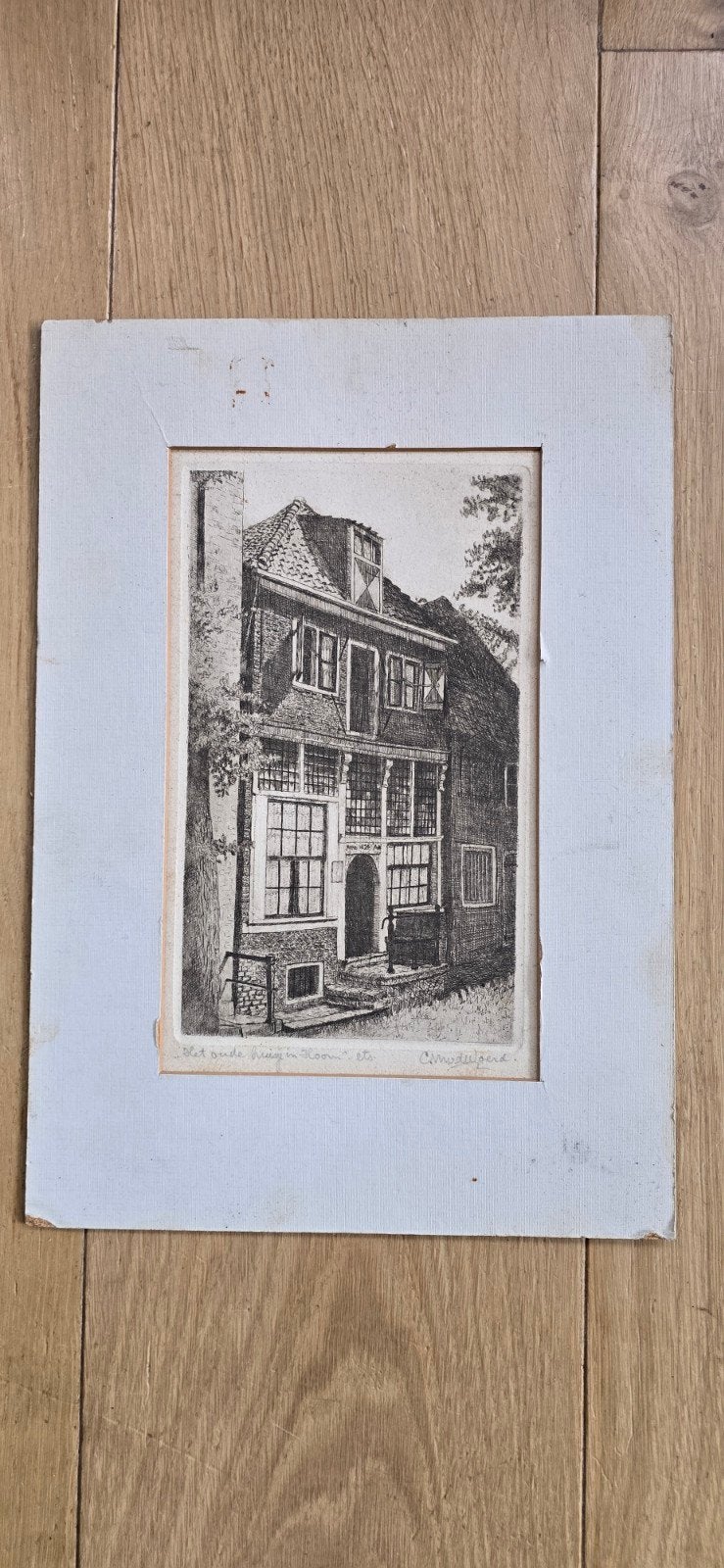 Oude Huis in Hoorn - Ets van C.vd.Woerd., Stadsgezicht, Gesigneerd, 1900 - 1949, Verzenden
