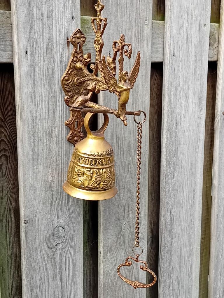 Antieke bronzen deurbel met engel en ketting, Antiek en Kunst, Ophalen, Brons