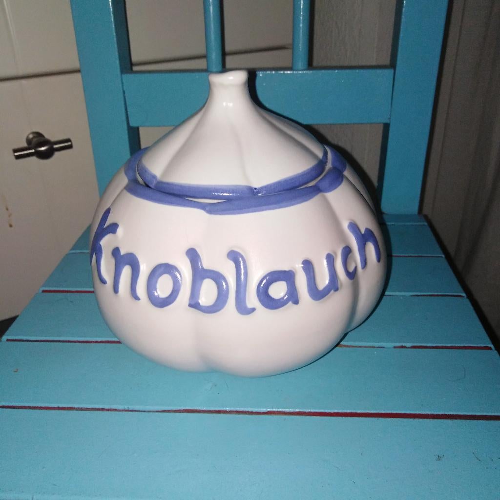 Knoflook potje Knoblauch in de kleuren wit en blauw, Ophalen, Gebruikt, Voorraadpot, Steen/keramiek