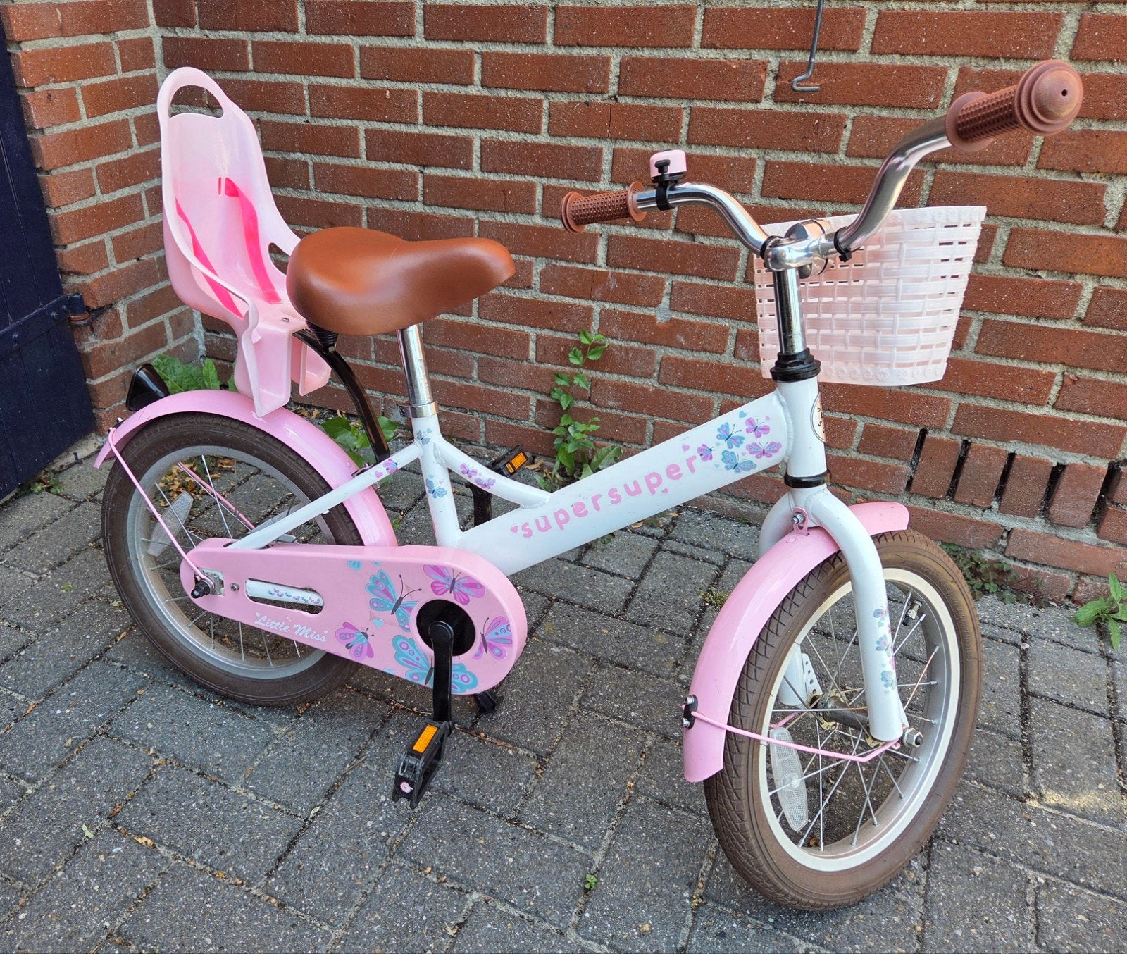 Supersuper kinderfiets 16 inch met mandje en zitje, Ophalen, Terugtraprem, Supersuper, 16 tot 20 inch