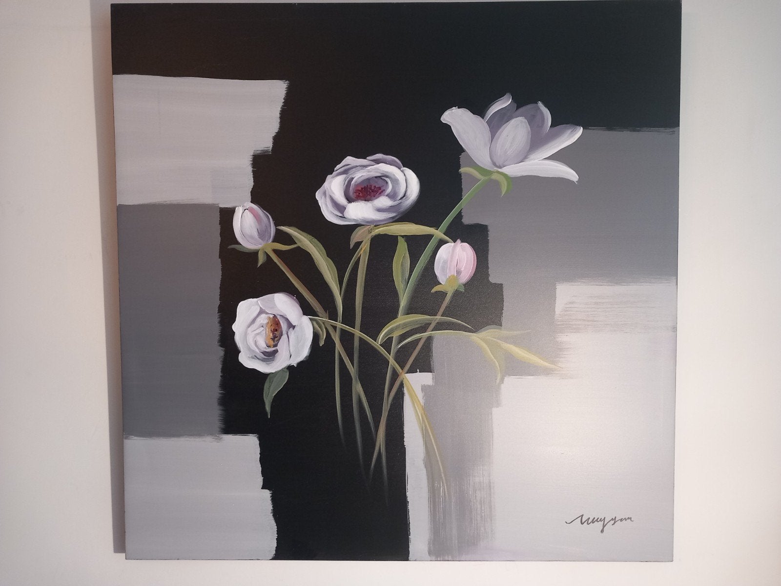 Japans handgeschilderd bloemen schilderij op canvas 1 bij 1, Ophalen of Verzenden