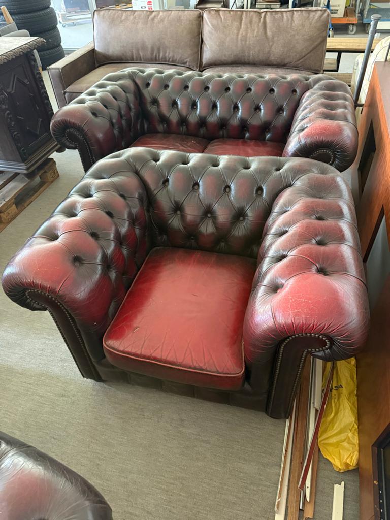 Chesterfield bank en fauteuil set - Vintage rood leer, Ophalen