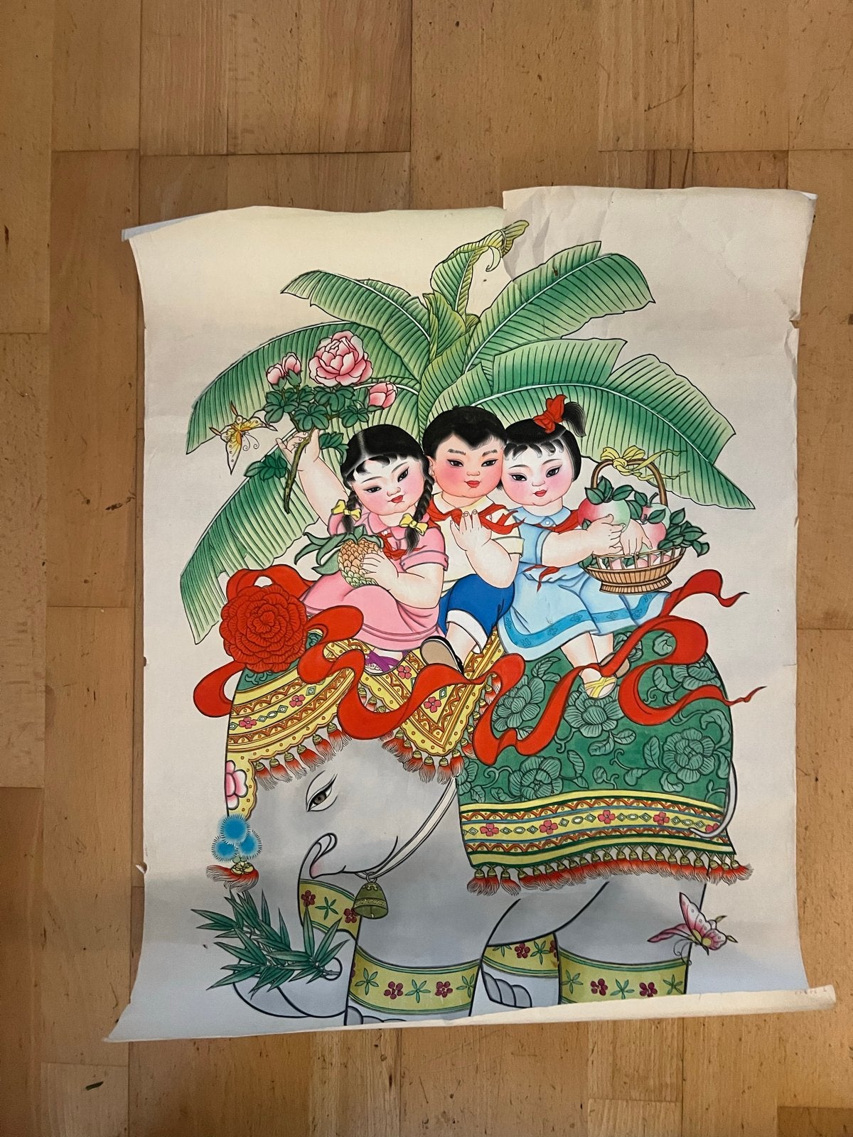 Vintage Chinese kinderprint op rijstpapier, olieverf, Portret of Personen, Ophalen of Verzenden, Olieverf, Papier