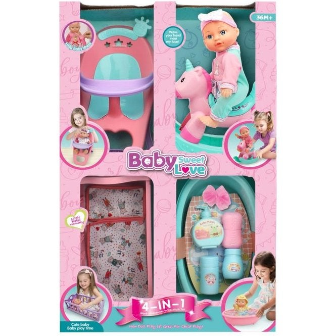 4-in-1 Poppenset - Baby Sweet Love - 12-delig Nieuw, Ophalen of Verzenden, Nieuw, Babypop