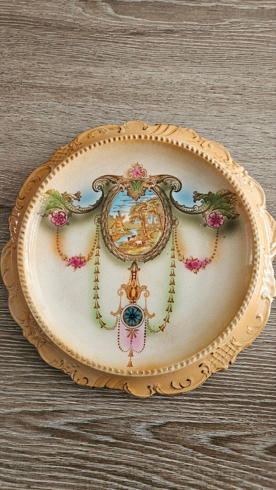 Oud Engels porseleinen bord met landschap, 29cm, Antiek en Kunst, Ophalen of Verzenden