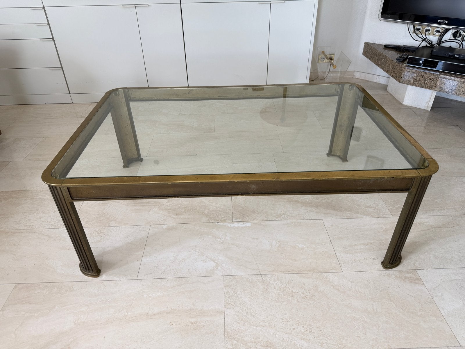 Vintage messing salon- hoektafels P. Ghyczy of P. van Heek, Ophalen, Minder dan 45 cm, Gebruikt, Glas