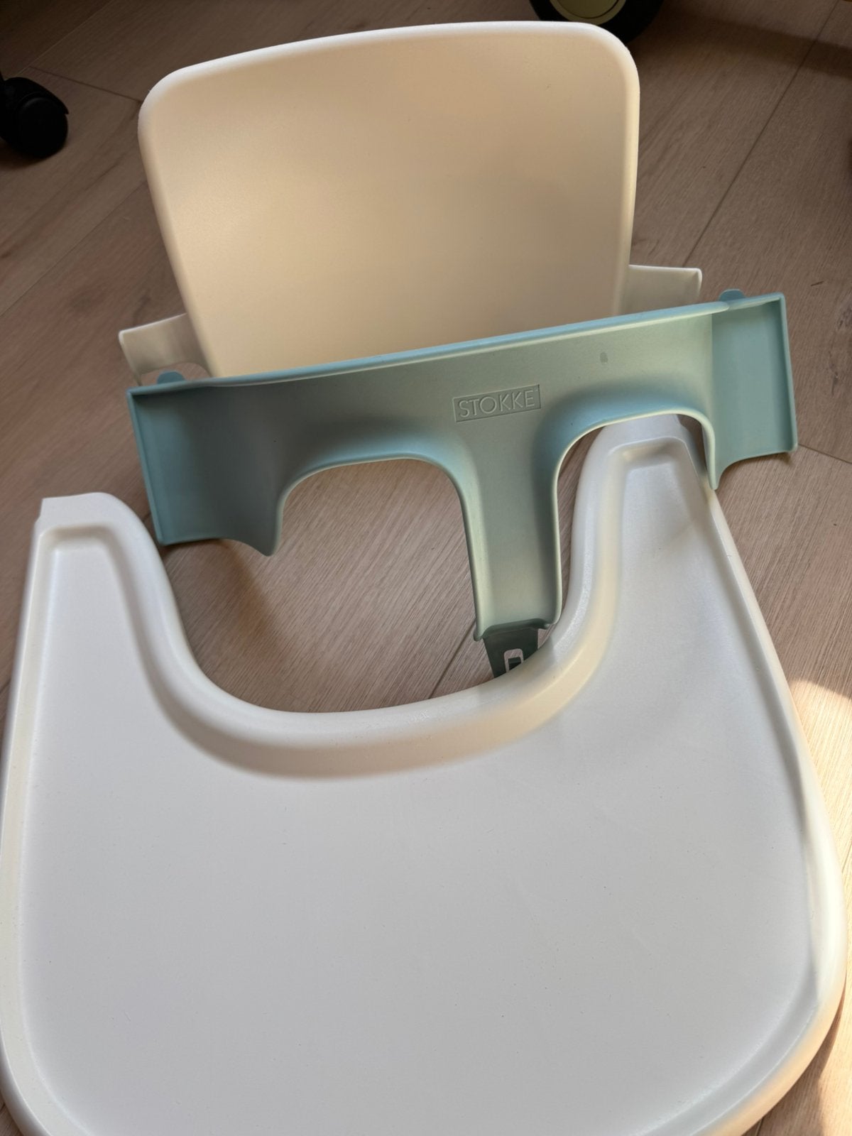 Stokke Tripp Trapp babyset en tafelblad blauw/wit, Ophalen, Gebruikt, Meegroeistoel, Afneembaar eetblad