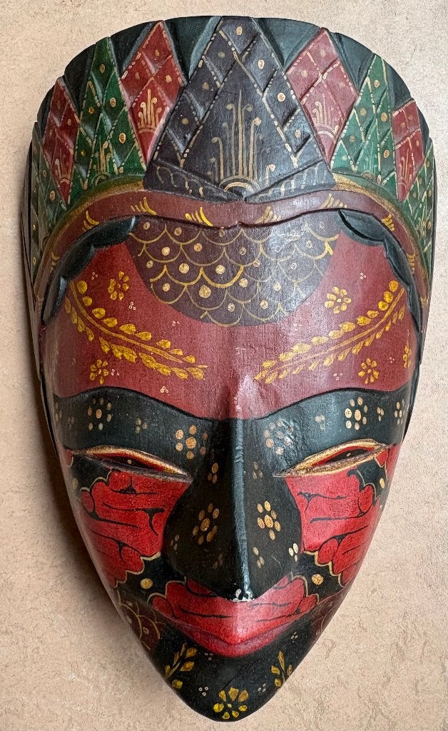 Mooi vintage topeng masker, Indonesië, Antiek en Kunst, Kunst | Niet-Westerse kunst, Hout, 22 cm, Masker, Geschilderd