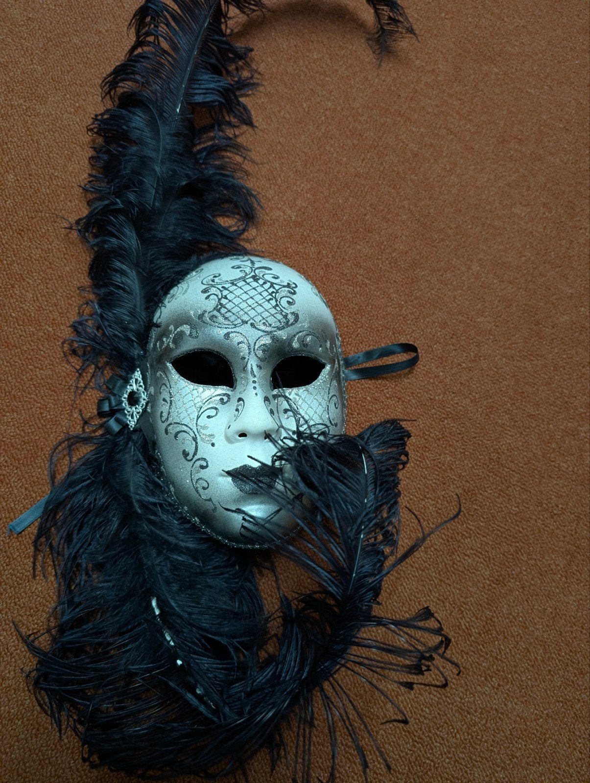 Venetiaans Masker Zilver Zwart met Veren Handgemaakt, Ophalen