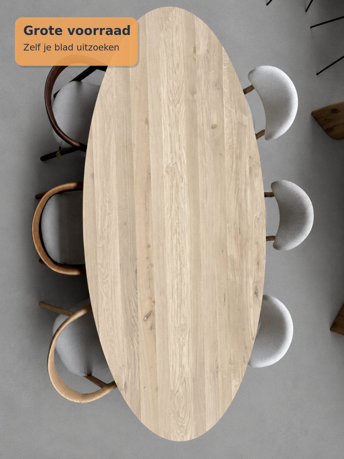 Ovale eiken tafelbladen OP VOORRAAD, Japandi, 100 tot 150 cm, Verzenden, Vijf personen of meer