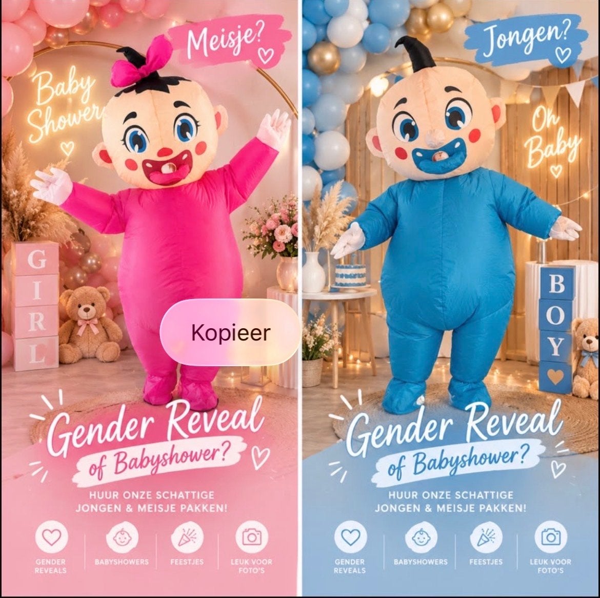 Gender Reveal / Babyshower Opblaasbare Pakken, Hobby en Vrije tijd, Ophalen of Verzenden, Nieuw, Kostuum, Geboorte of Huwelijk