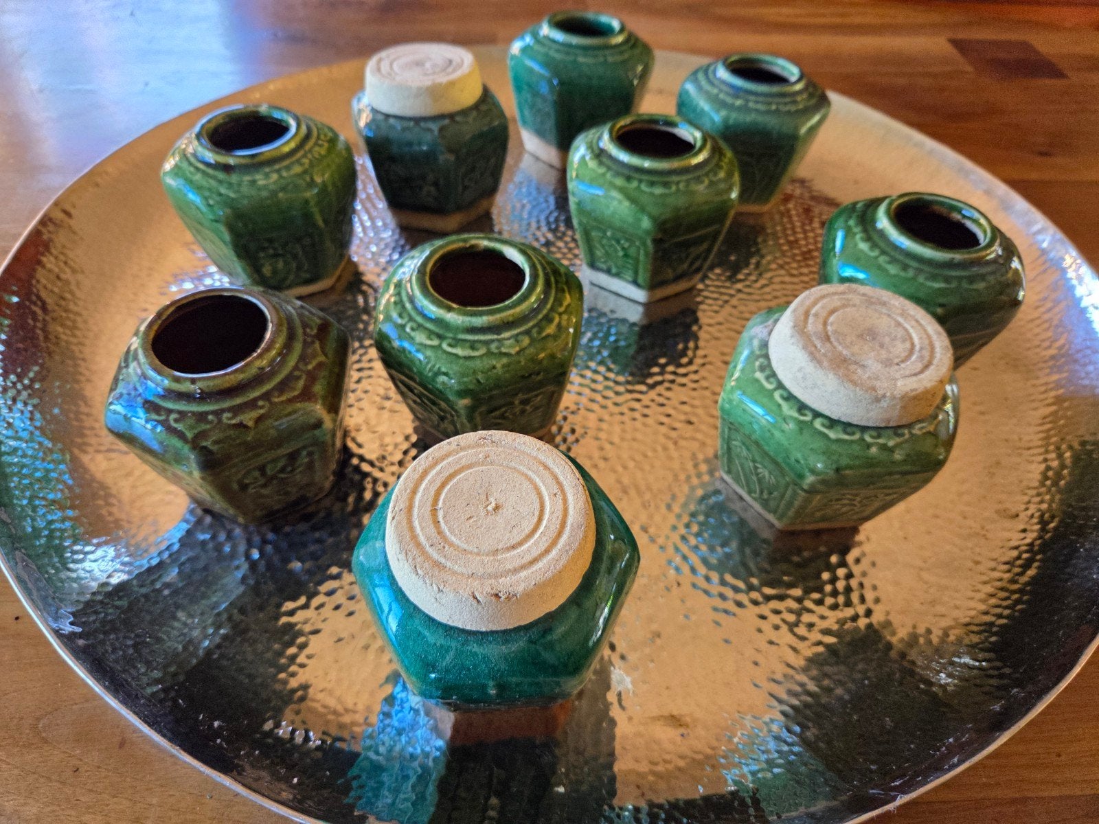 10 Oude Groene Gemberpotjes - 3 met Deksel, Ophalen of Verzenden