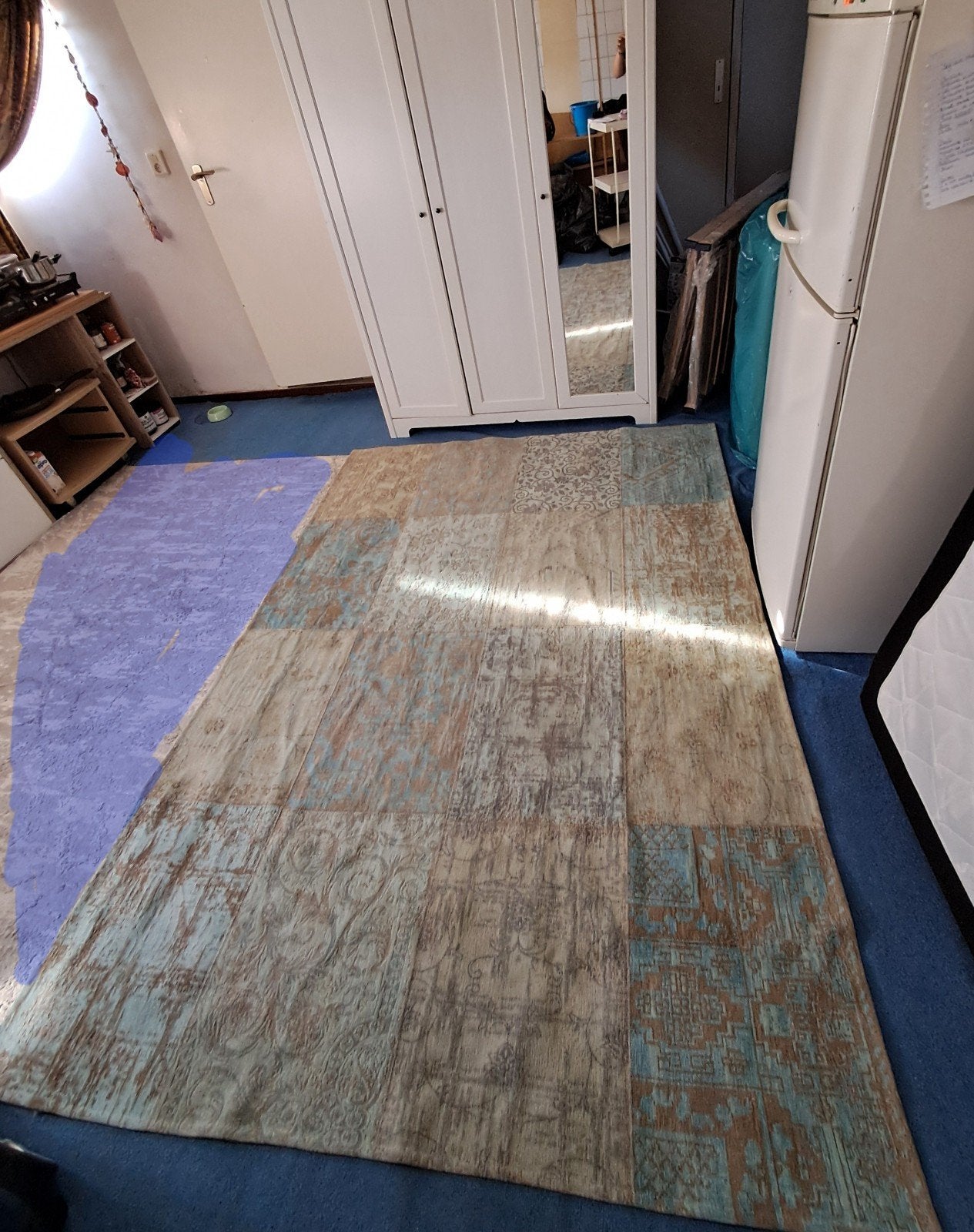 Groot vloerkleed met patchwork design, blauw/bruin, Gebruikt, 150 tot 200 cm, 200 cm of meer, Ophalen of Verzenden