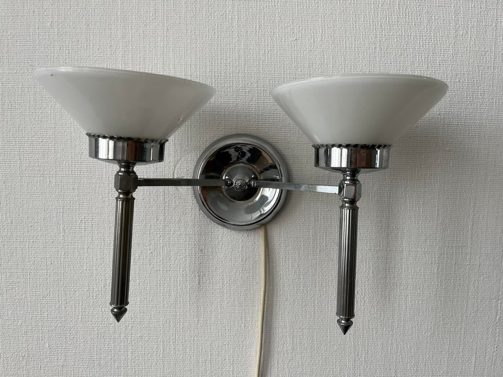 Art deco wandlampjes dubbel chroom, Huis en Inrichting, Lampen | Wandlampen, Ophalen of Verzenden, Gebruikt, Glas