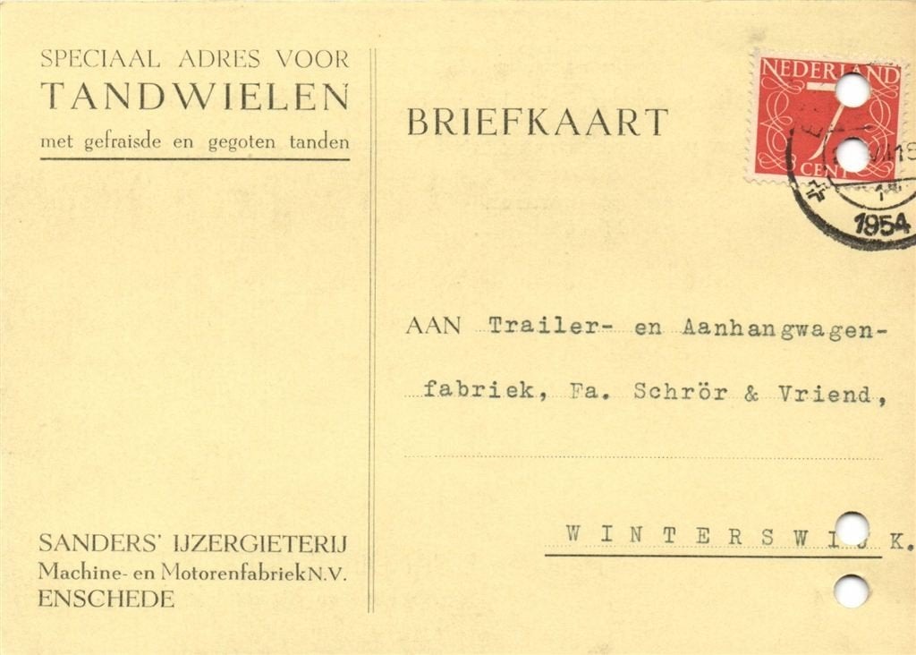Sanders IJzergieterij, Enschede - 07.1954 - briefkaart, Ophalen of Verzenden, Briefkaart