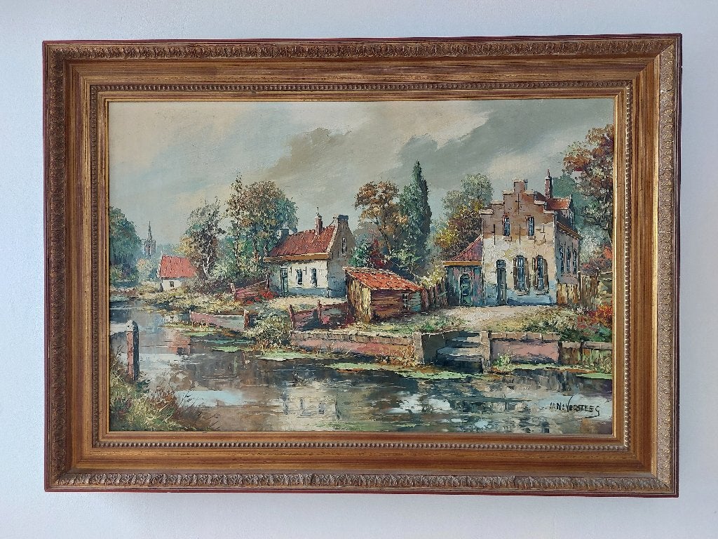 Sfeervol dorpsgezicht aan het water door Arn: Versteeg, Antiek en Kunst, Ophalen, Ingelijst, Olieverf, Stads- / dorpsgezicht