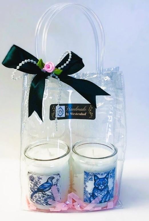 Gift set cadeau kaarsen in glazen delfts blauw kat en vogel, Overige materialen, Verzenden, Wit, Nieuw