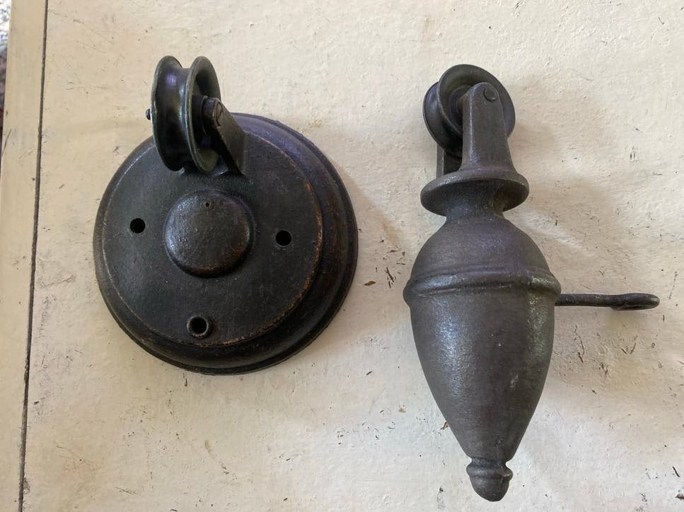 Antieke gietijzeren katrollen voor lamp of decoratie, Ophalen of Verzenden