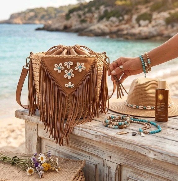 Ibiza Boho Chic Schoudertasje met Franjes en Schelpen 1407, Bruin, Schoudertasje, Onbekend, Ophalen of Verzenden