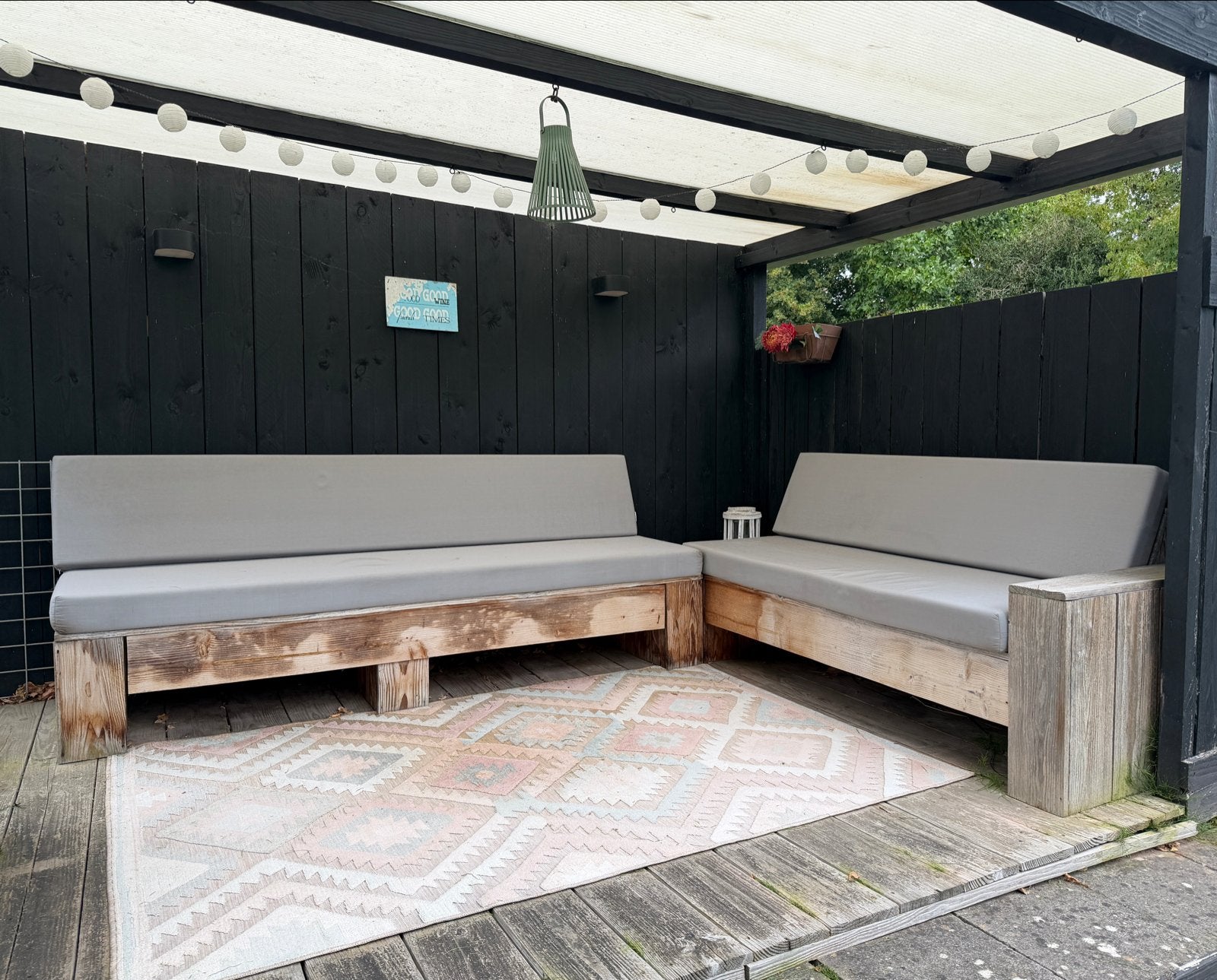 Steigerhouten loungeset met kussens, Ophalen, 5 zitplaatsen, Gebruikt, Bank