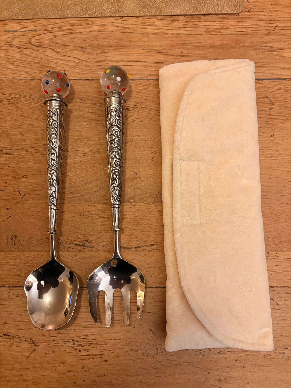 Vintage Saladebestek - Bohemian Zilver met Kleurrijke Bollen, Antiek en Kunst, Ophalen of Verzenden