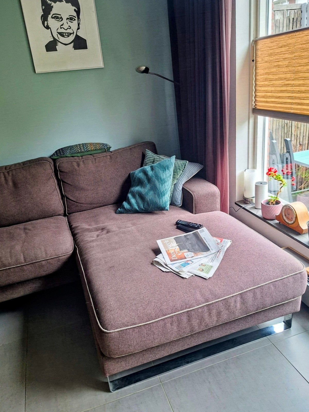 Montel  Hoekbank met Chaise Longue - Bruin Stof, Ophalen, Modern, Comfortabel, 250 tot 300 cm, Gebruikt