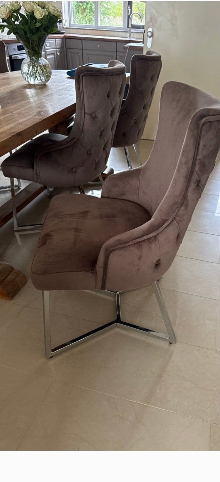 6 Stuks Luxe taupe velvet  eetkamer stoel, Ophalen, Overige materialen, Overige kleuren, Zo goed als nieuw