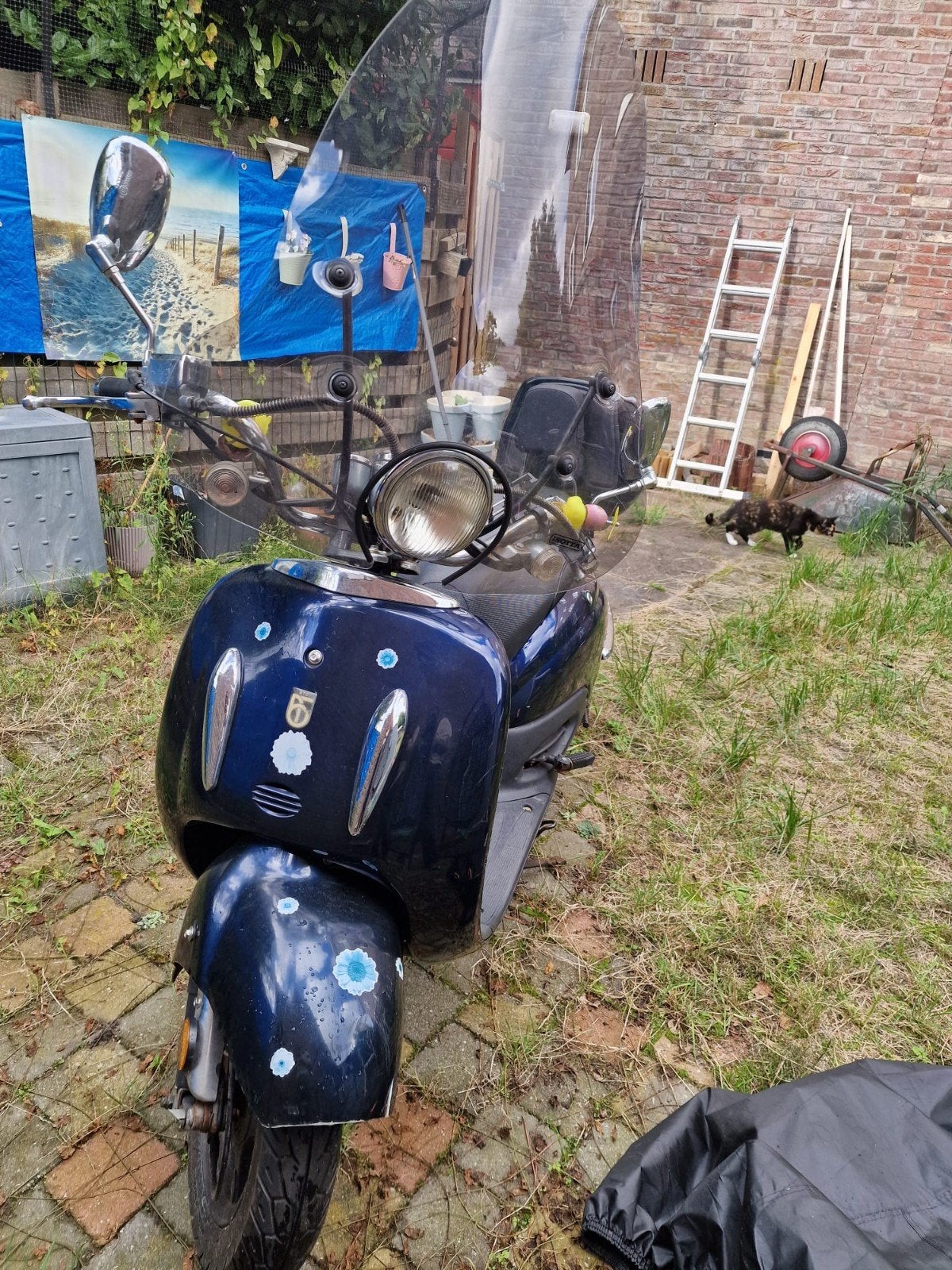 Donkerblauwe scooter met topkoffer en windscherm, Fietsen en Brommers, Ophalen of Verzenden, Gebruikt, Benzine, Overige merken