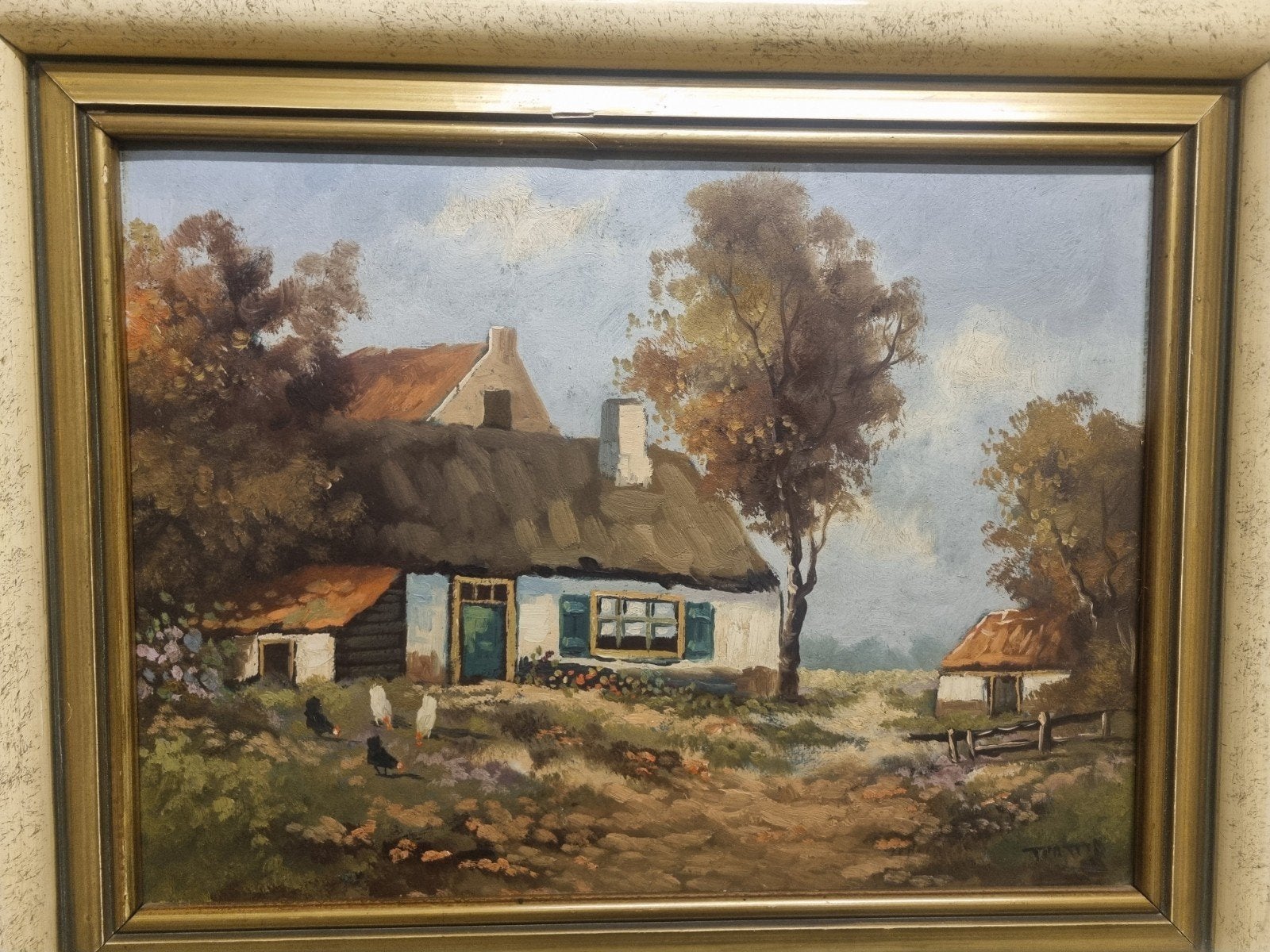 Klassiek Olieverfschilderij Idyllisch Boerenerf 50x40cm, Ophalen of Verzenden