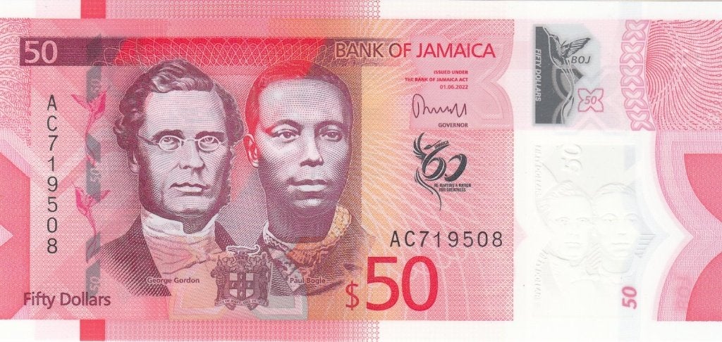 Jamaica bankbiljet 50 Dollars 2022 George Gordon, Paul Bogle, Ophalen of Verzenden, Noord-Amerika, Los biljet