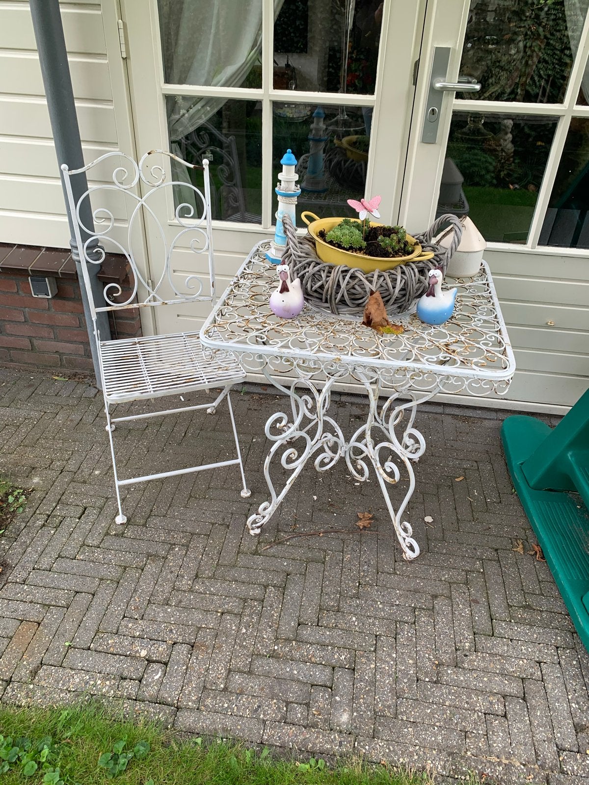 Antiek wit metalen bistro setje, Overige materialen, Gebruikt, Eettafel, Tuinset