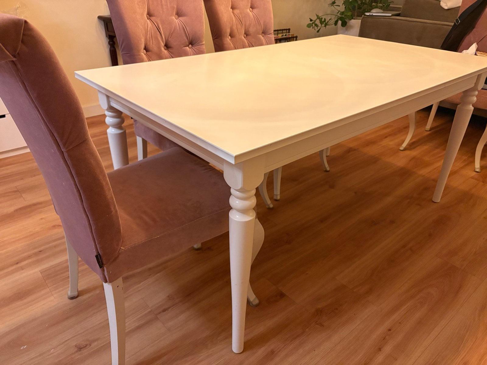 Ikea Rosentorp wit eettafel met 6 roze stoelen, Ophalen, Gebruikt, 200 cm of meer, 50 tot 100 cm