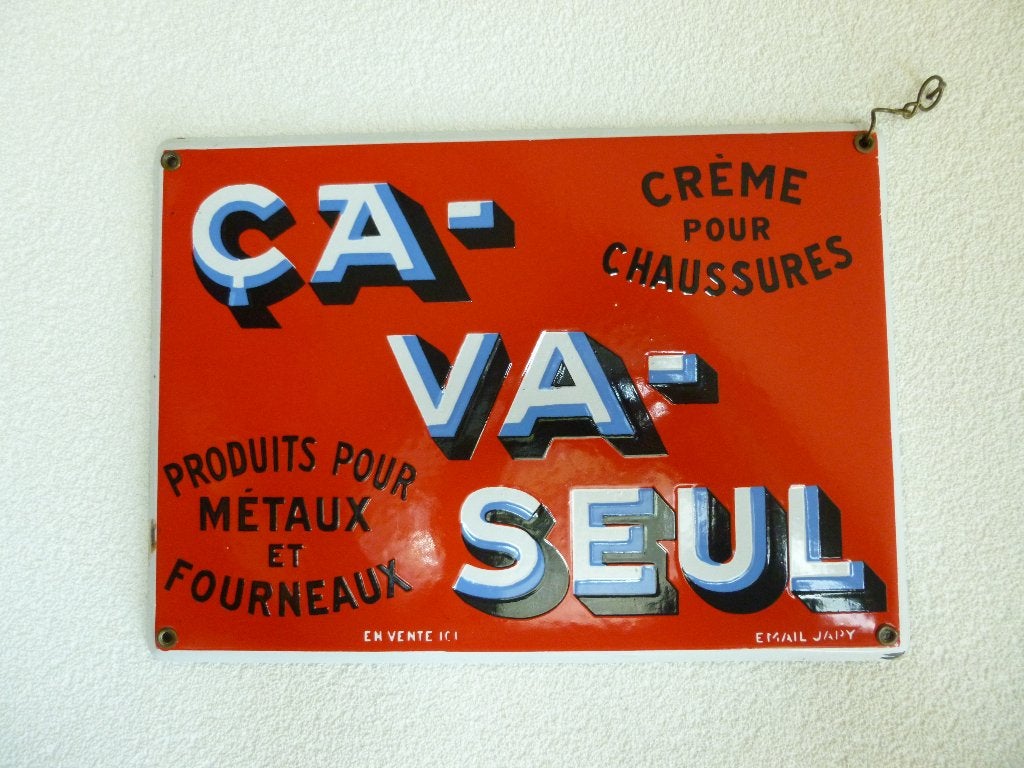 EMAILLE RECLAMEBORD"CA-VA-SEUL EN VENTE ICI"UIT JAREN 30, Ophalen of Verzenden, Gebruikt, Reclamebord