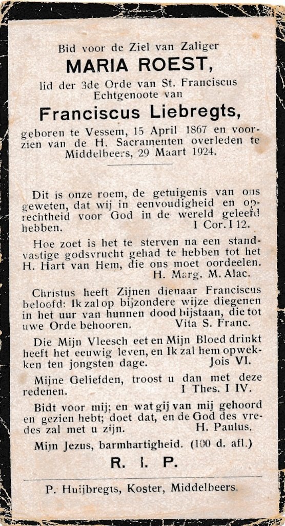 Roest Maria 1867 Vessem 1924 Middelbeers, Ophalen of Verzenden, Bidprentje