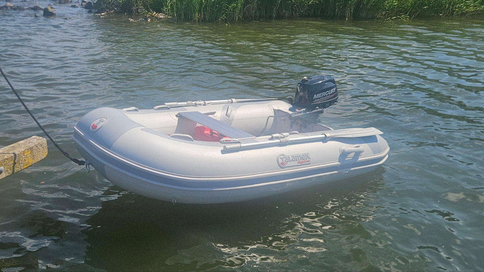 Talamex Highline250 rubberboot+5 PK Mercury buitenboordmotor, Watersport en Boten, Ophalen, Airdeck, Gebruikt, Peddels