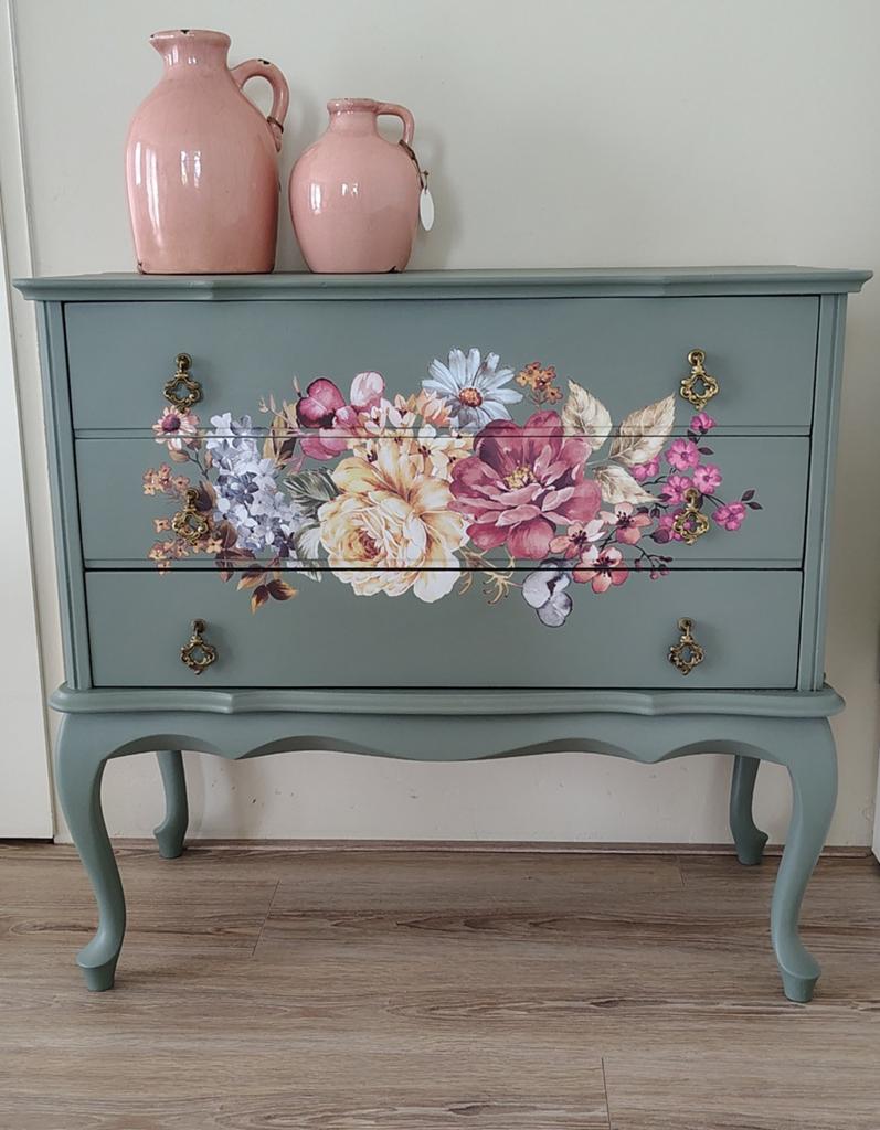 Prachtige oudgroene Queen Anne ladenkast – uniek opgeknapt, Gebruikt, Brocante, vintage, antiek, dressoir, kastje,commode, 3 of 4 laden