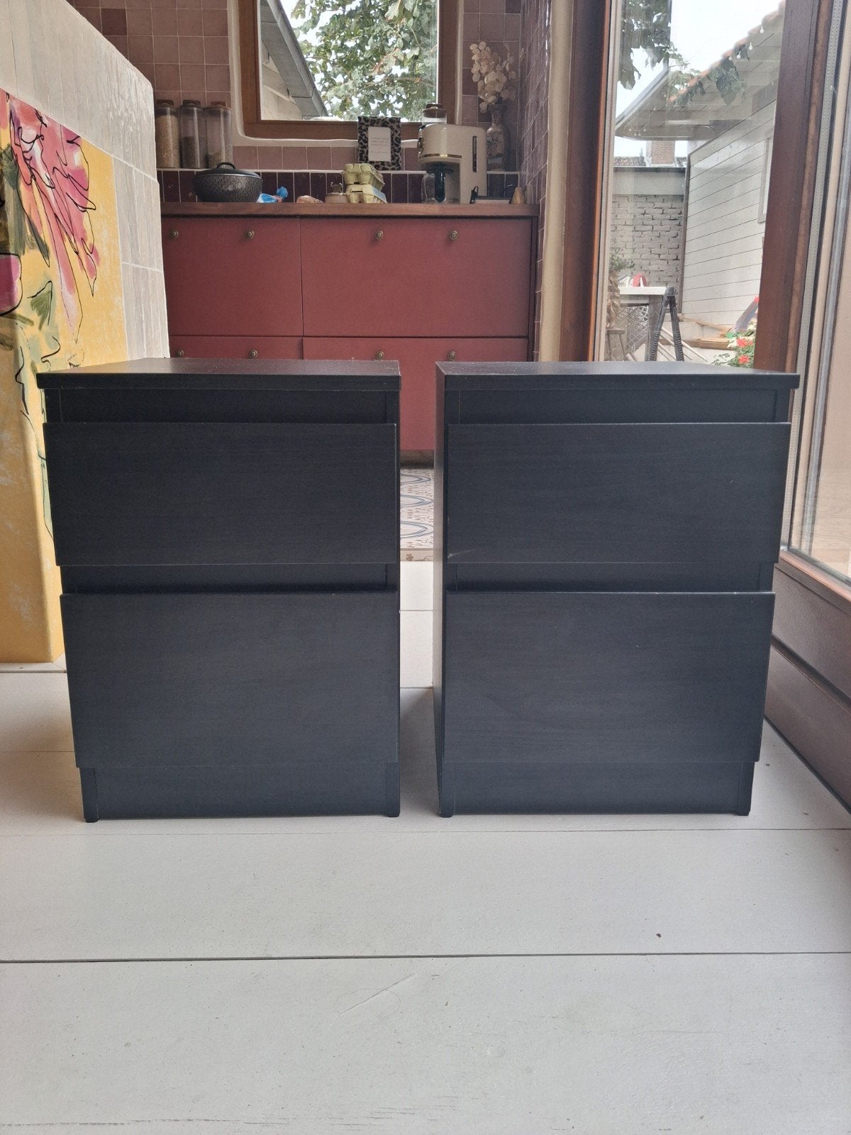 1 IKEA Nachtkastjes met 2 lades - Zwart/Donkerbruin, Ophalen, Gebruikt, Minder dan 45 cm, Minder dan 55 cm