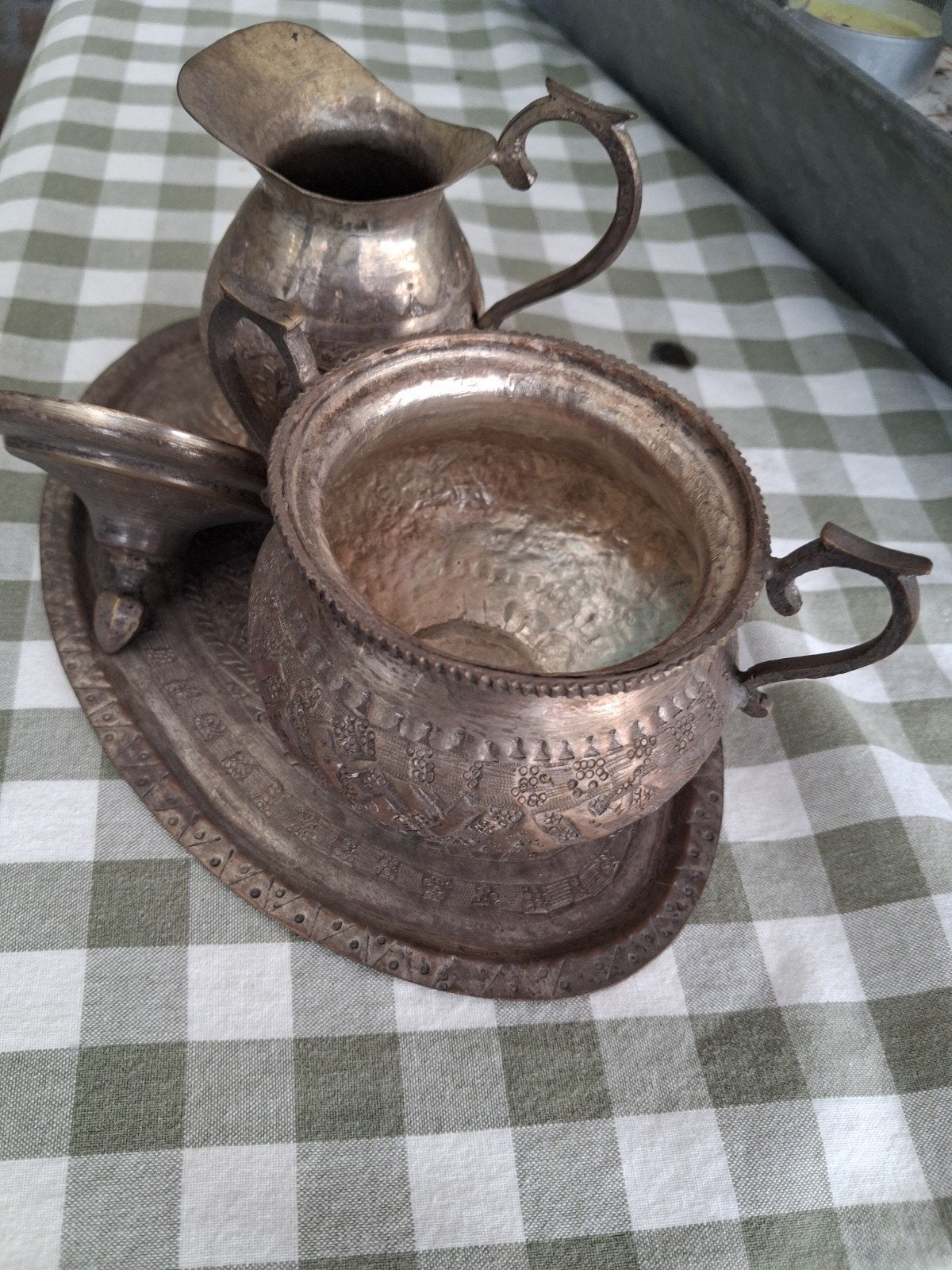 Antiek tinnen servies setje met sierlijke gravures, Antiek en Kunst, Ophalen of Verzenden